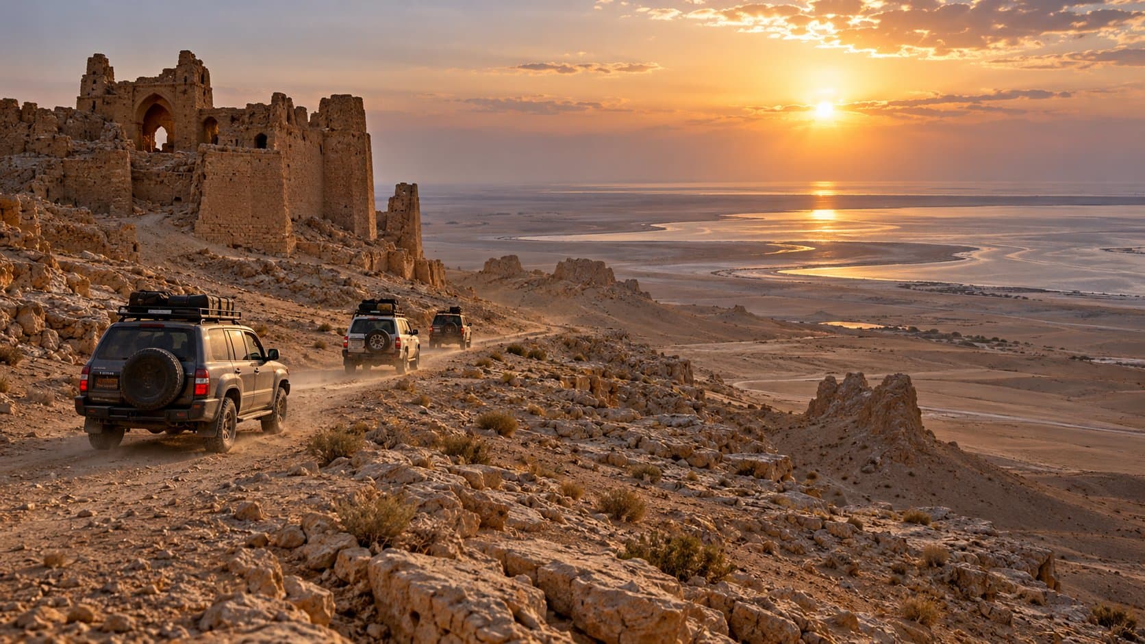 Wüstensafari im Geländewagen von Al-Ukhaidir nach Bahr Al-Najaf